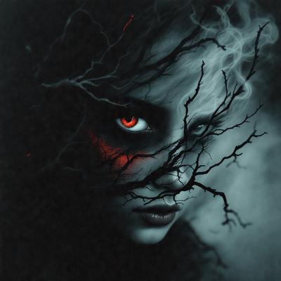 The primary subject of the image is a woman with red eyes, who appears to be a demon or a character from a horror movie. She is surrounded by a dark and eerie environment, with a tree branch and a cloudy sky in the background. The visual style of the image is a digital art or illustration, creating a dramatic and intense atmosphere. The colors in the image are predominantly dark, with the red eyes of the woman being the most prominent feature.